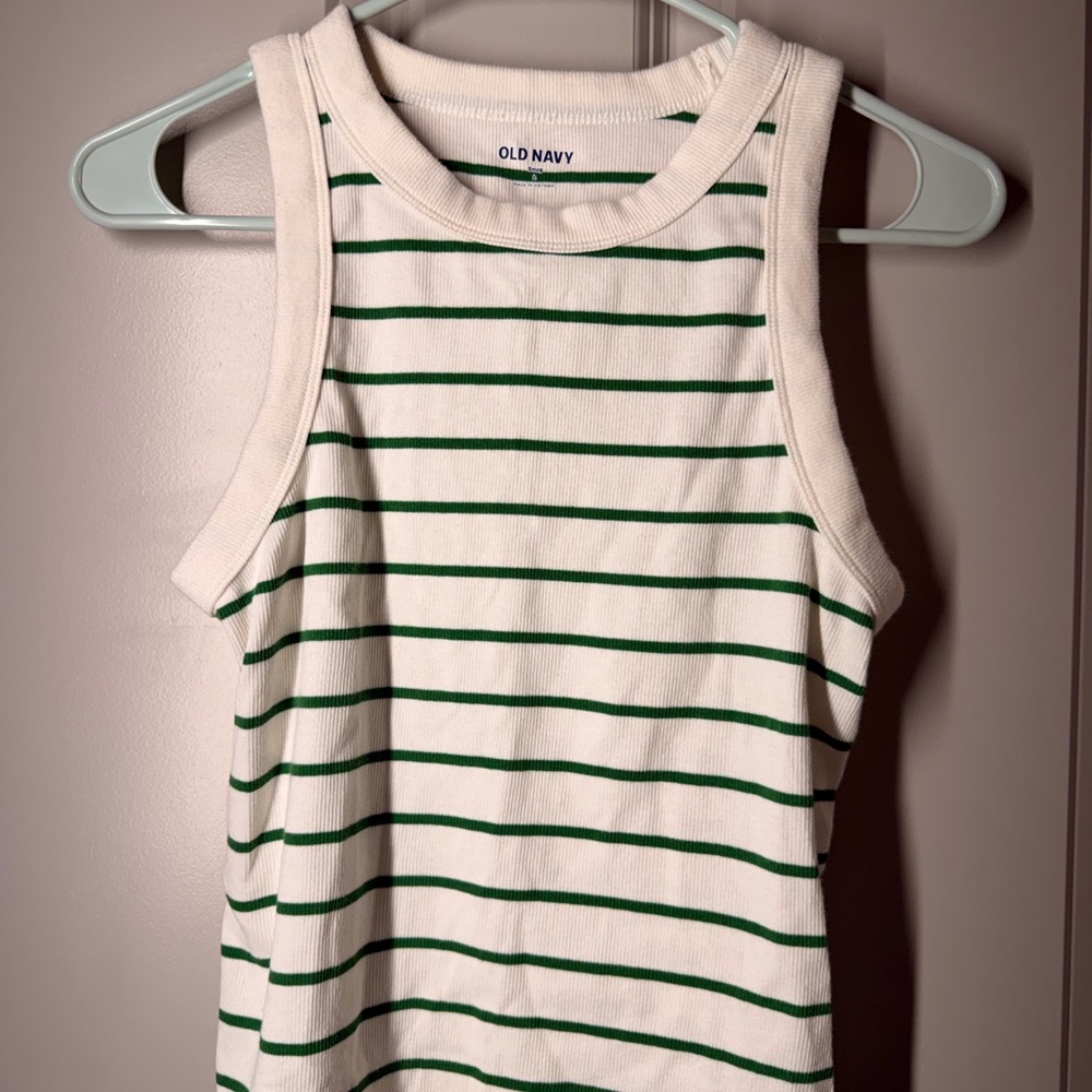 Old Navy White Ribbed Tank with Green Stripes